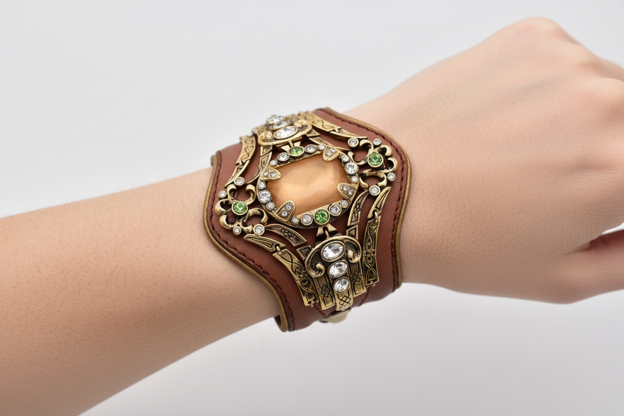 Decorative belt with gold and brown design on a white background