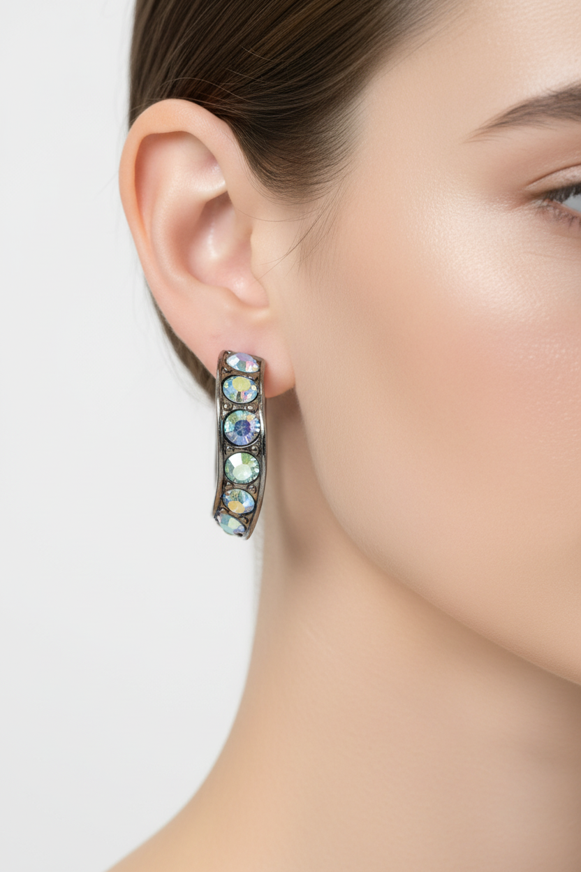 A pair of vintage YSL blue crystal clip-on earrings displayed on a stand.