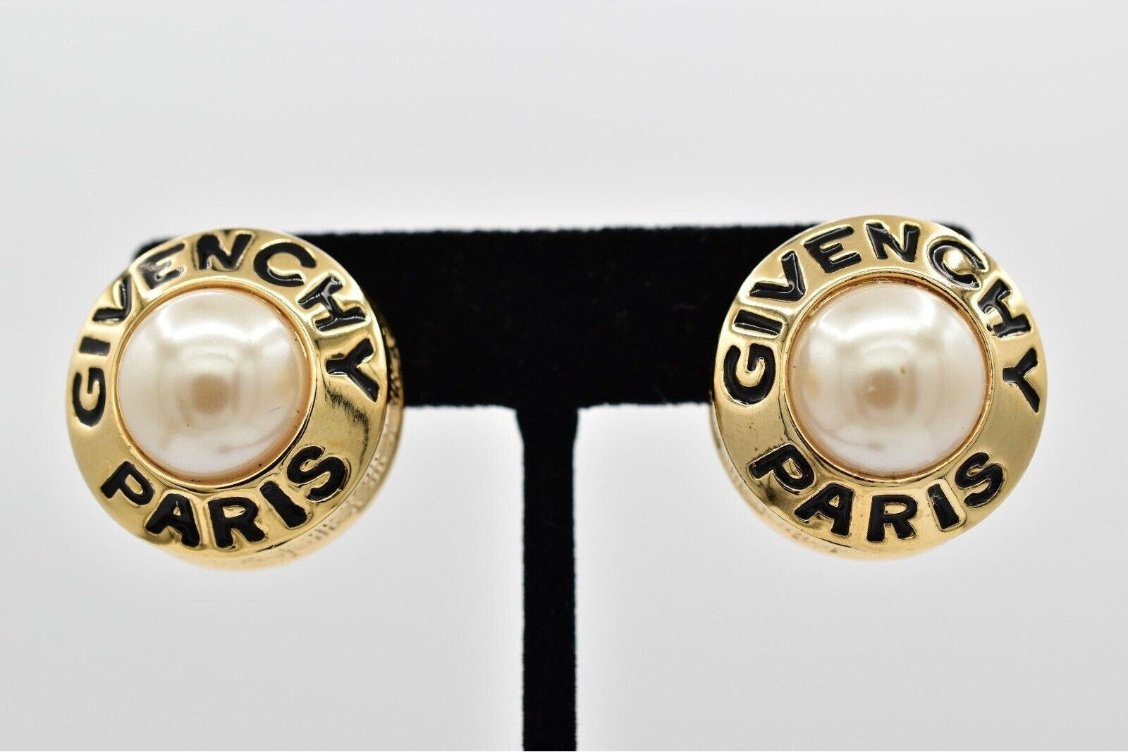 Givenchy Vintage 80s Pearl Logo Clip On Earrings Gold Chunky Signed