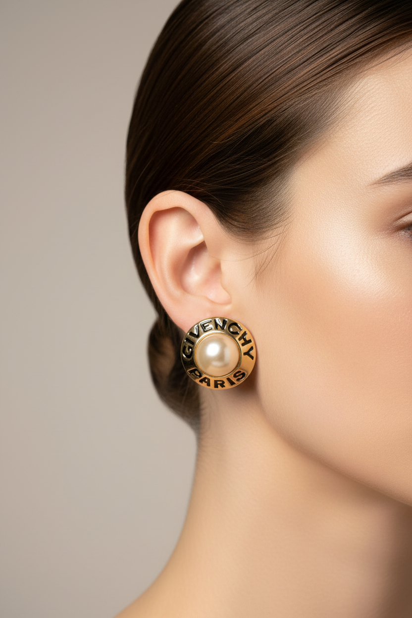 Givenchy Vintage 80s Pearl Logo Clip On Earrings Gold Chunky Signed