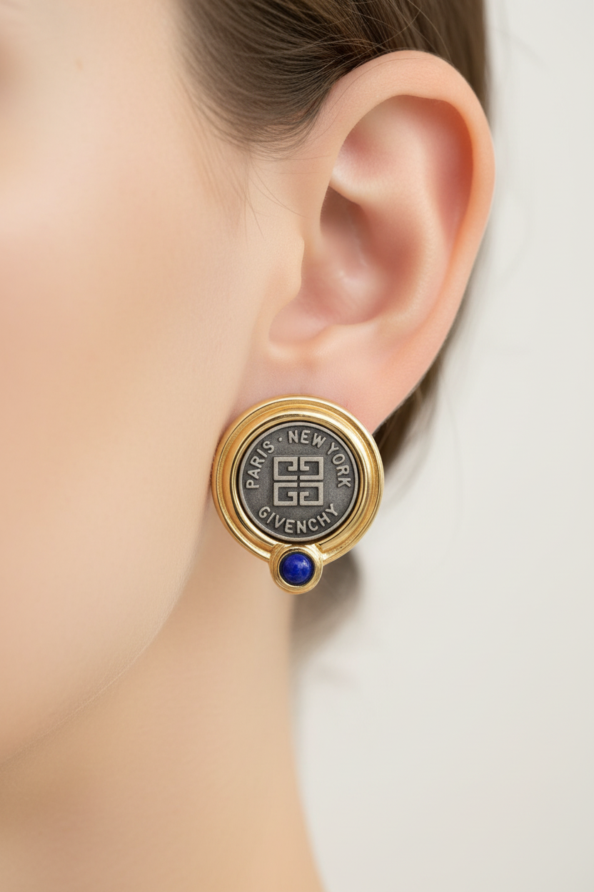 Vintage Givenchy Paris New York Logo Medallion Blue Cabochon Clip Earrings