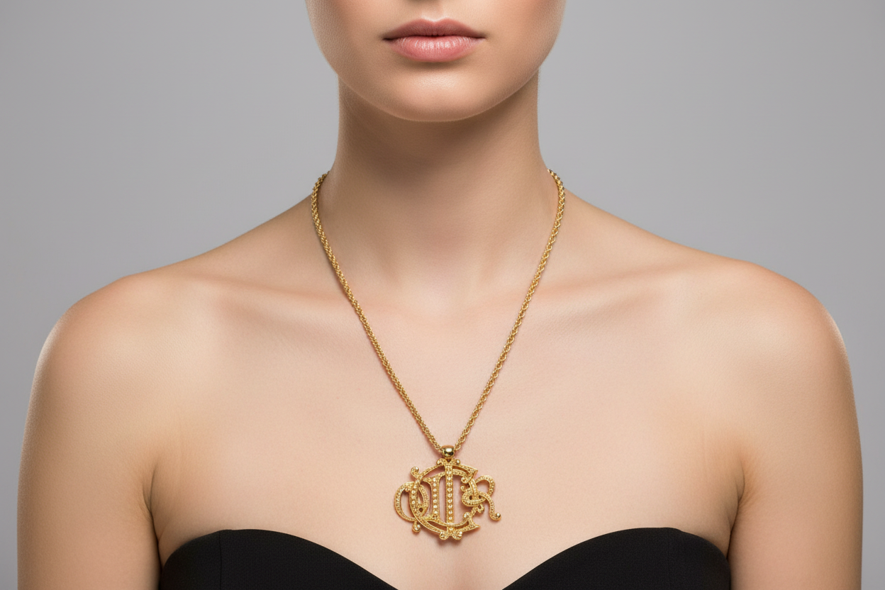 Vintage Christian Dior insignia pendant necklace worn by a model on a gray background