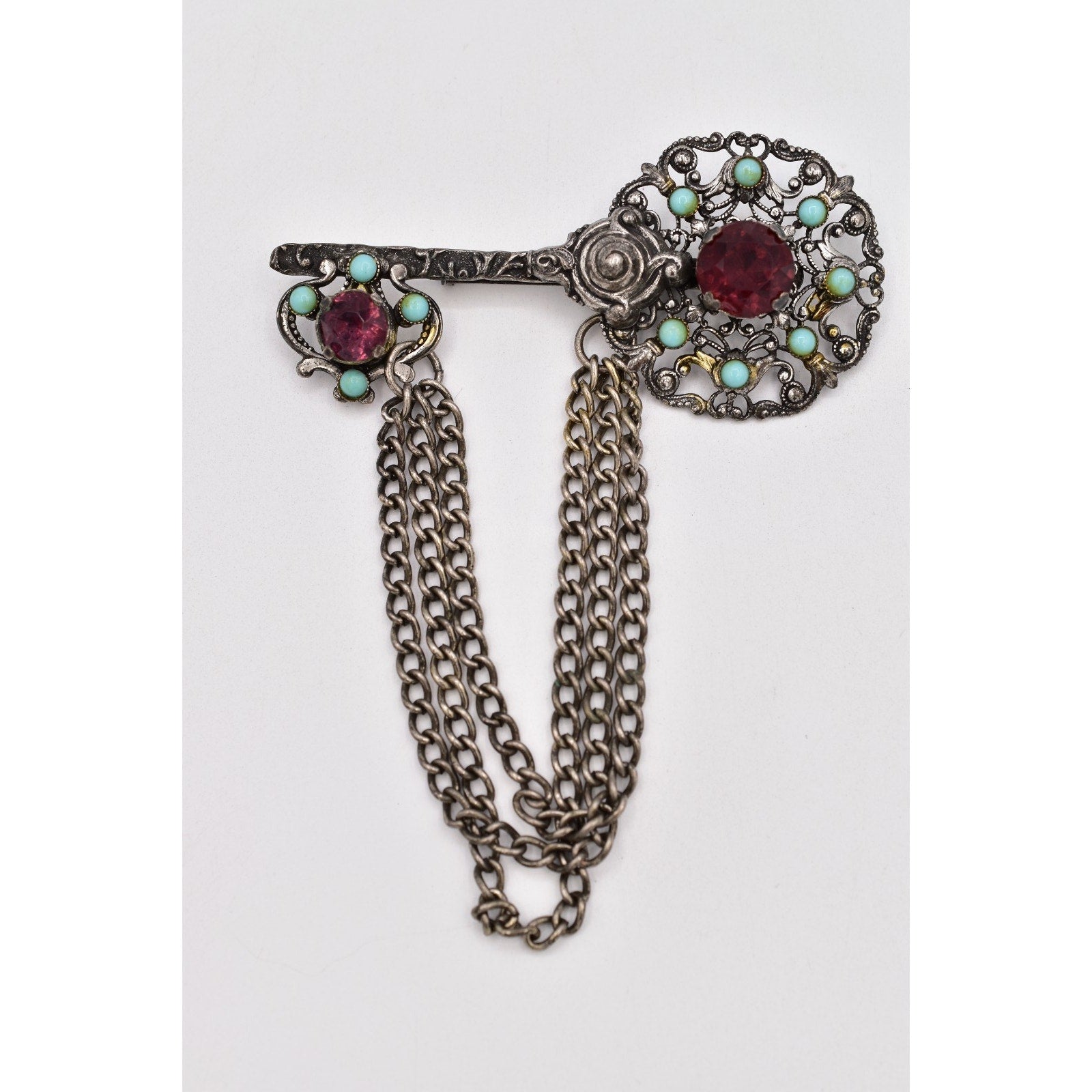 Skeleton Key Brooch w/ Dangle Chains