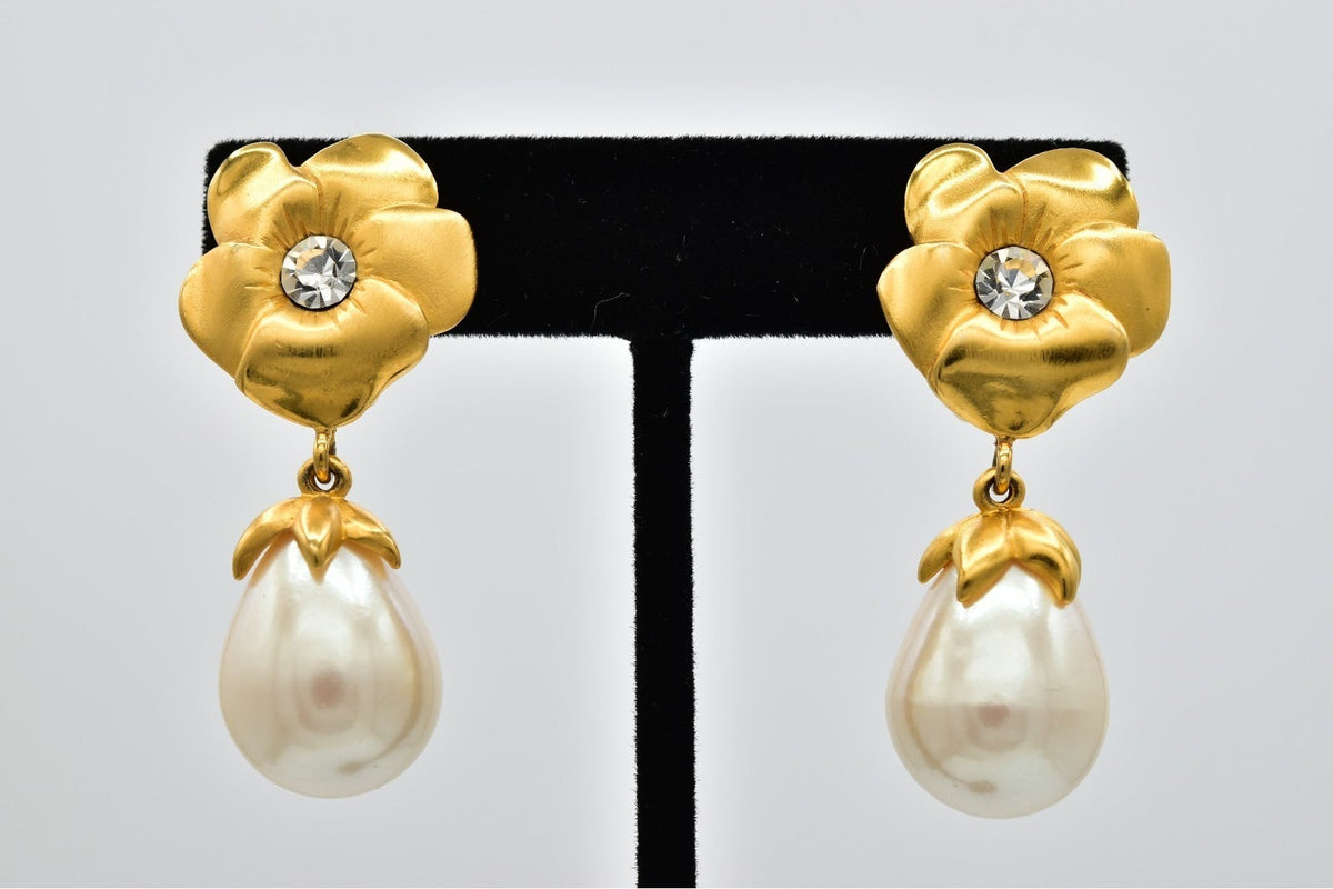 Givenchy Vintage Flower Pearl Drop Clip On Earrings