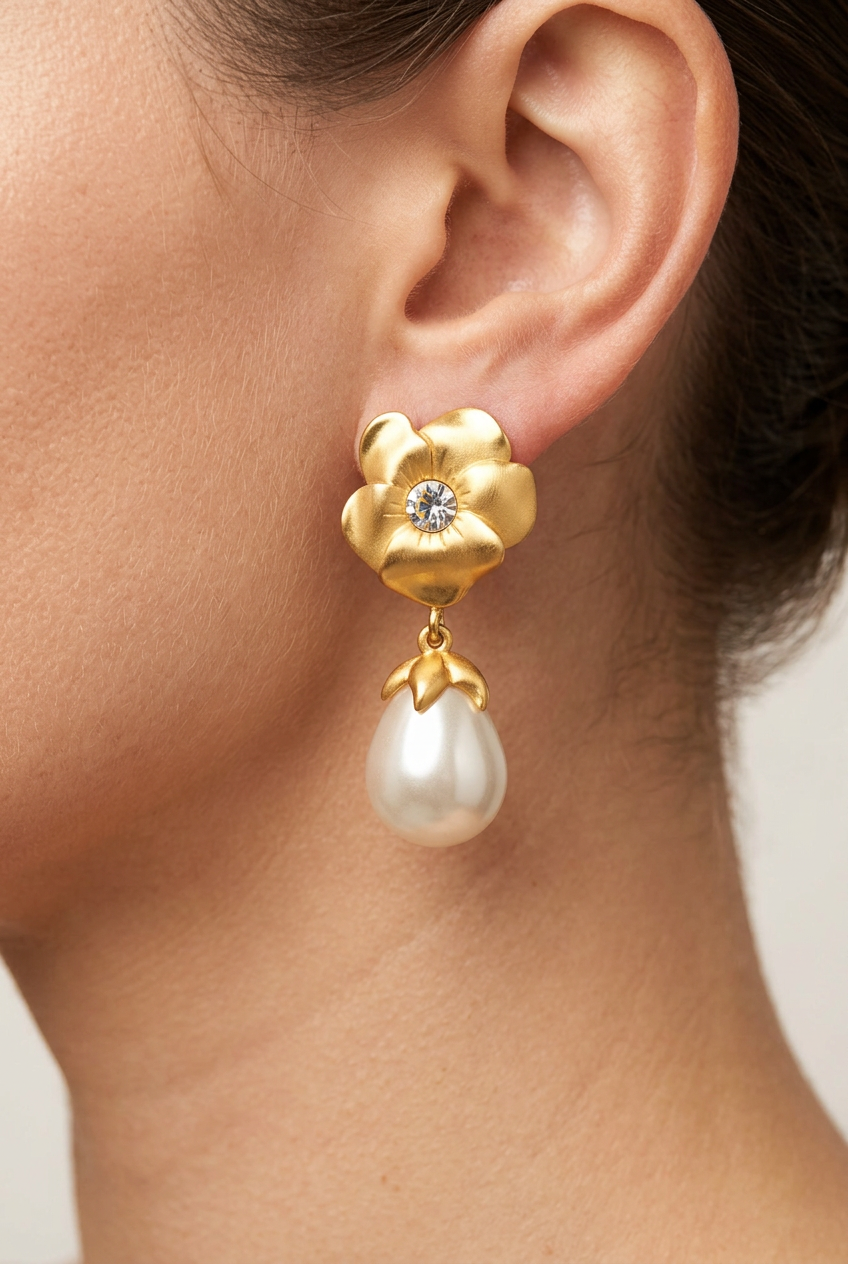 Givenchy Vintage Flower Pearl Drop Clip On Earrings