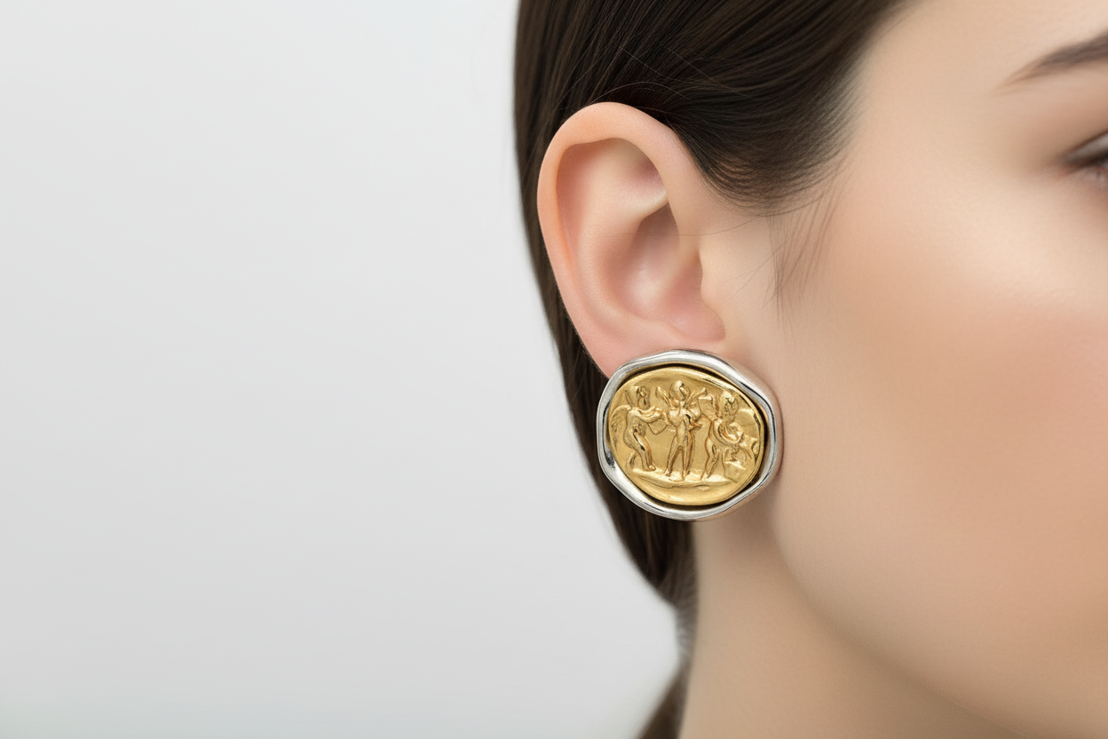 Gold cufflinks with classical design on a black band against a white background