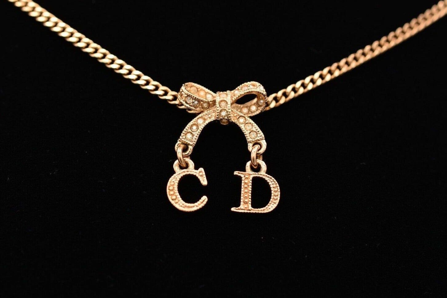 Christian Dior Vintage Pavé Crystal Logo Bow Necklace