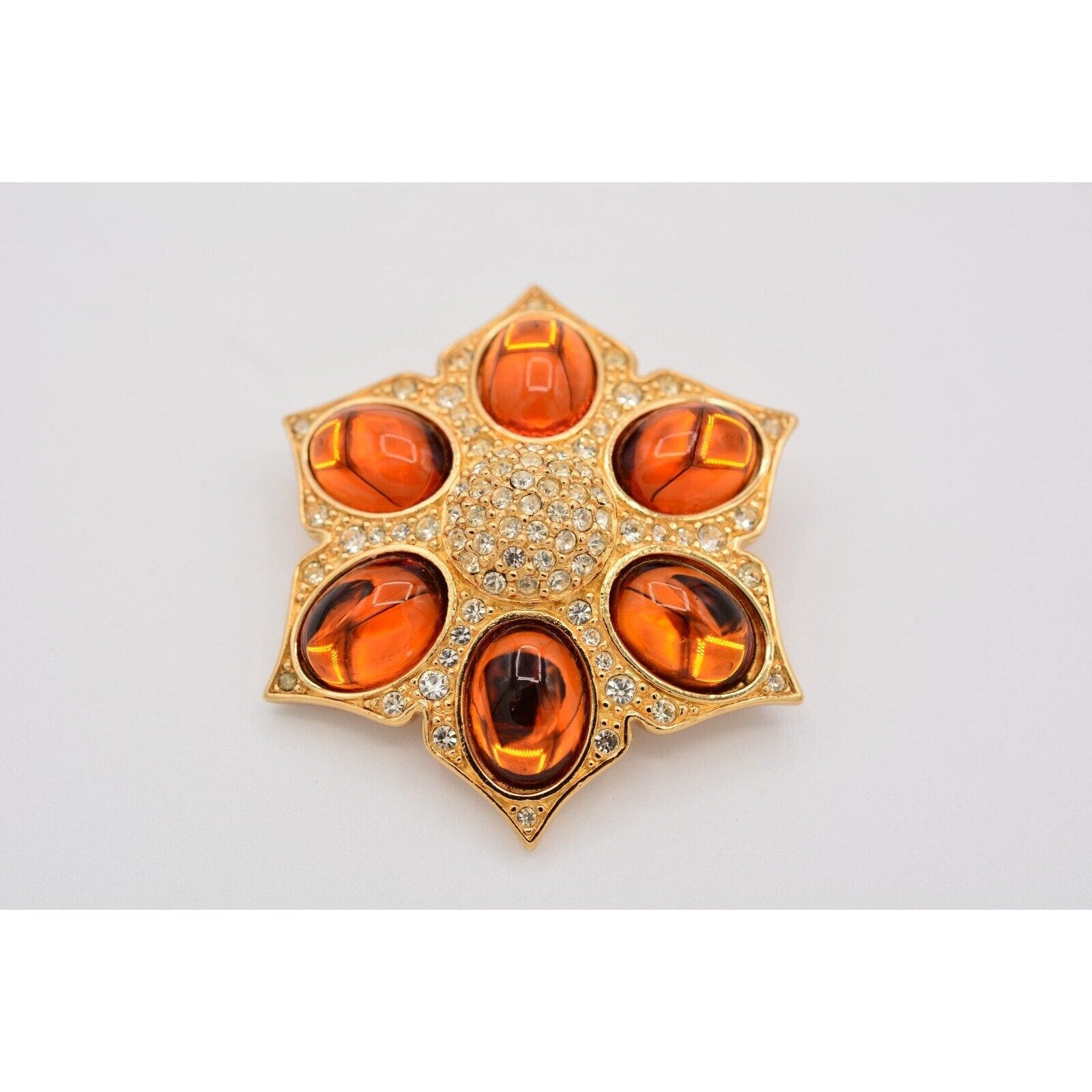 Christian Dior Vintage Starburst Fire Amber Cabochon Brooch