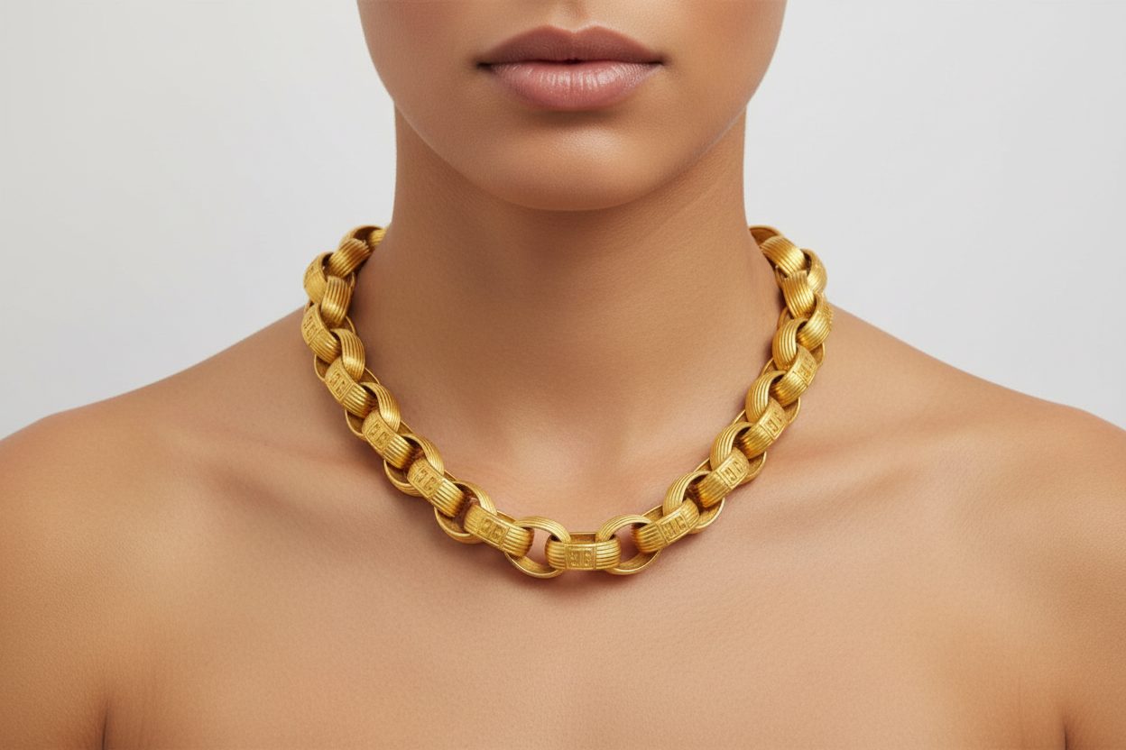 Gold chain necklace on a black mannequin bust against a gray background