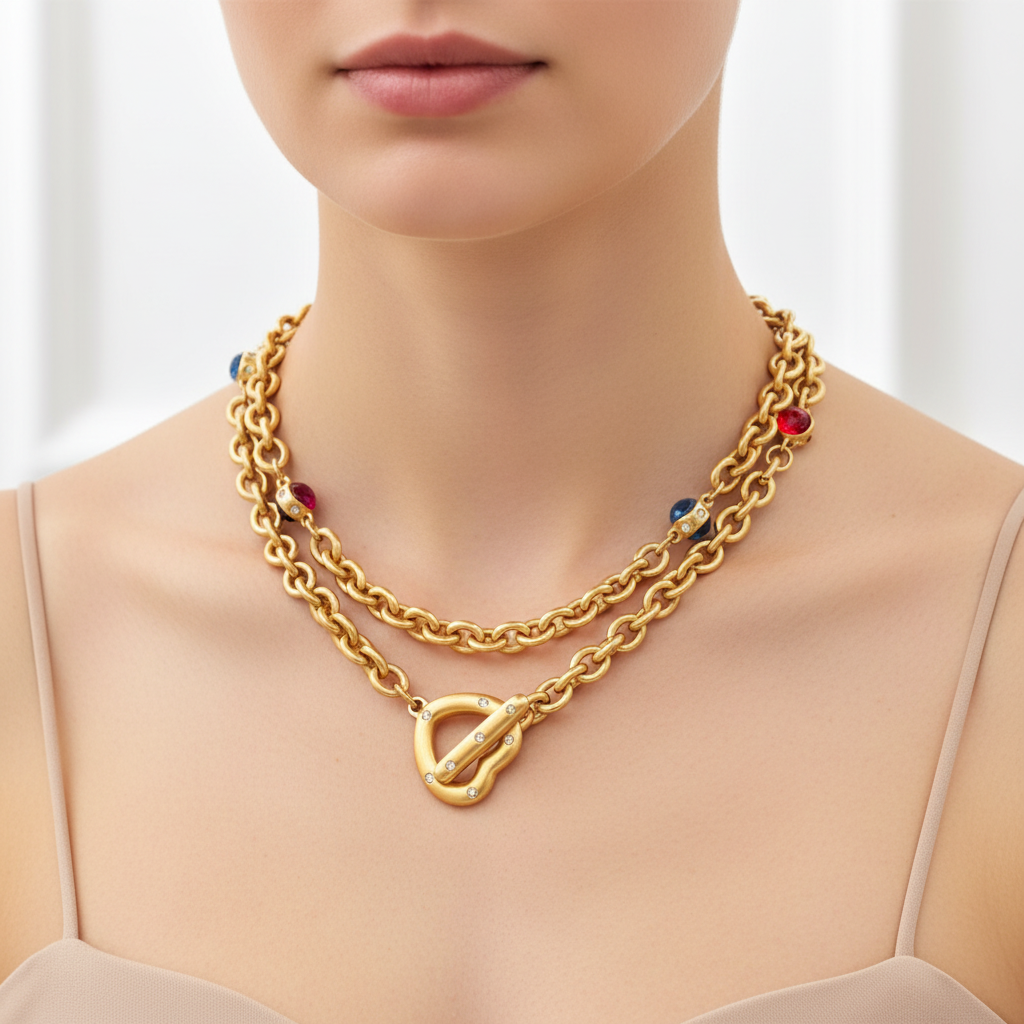 Givenchy Vintage Brushed Gold Cabochon Heart Chain Necklace