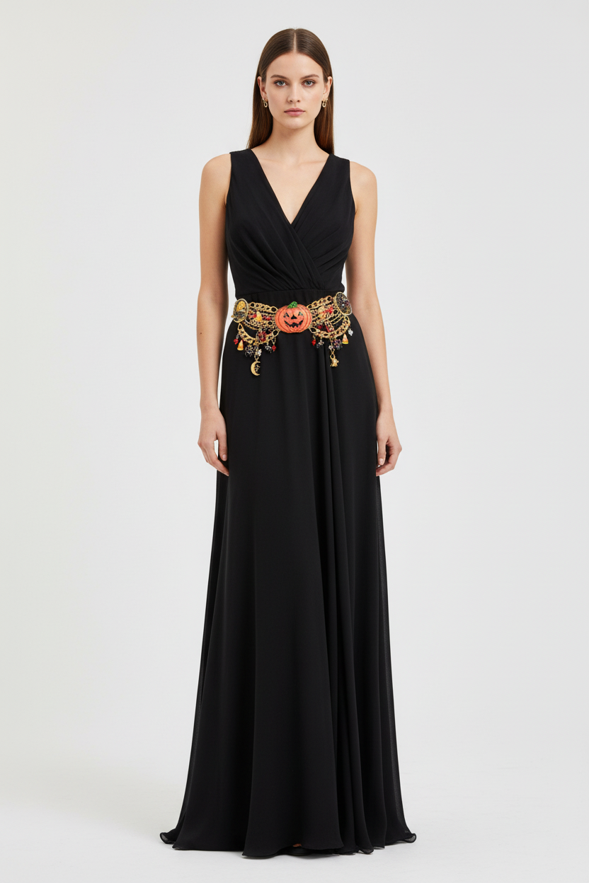 Gold belt with Halloween-themed charms on a white background

