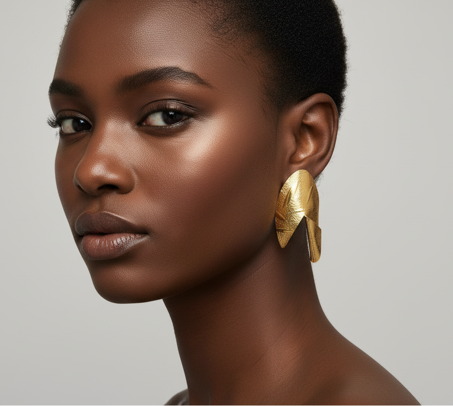 Woman wearing gold earrings against a neutral background