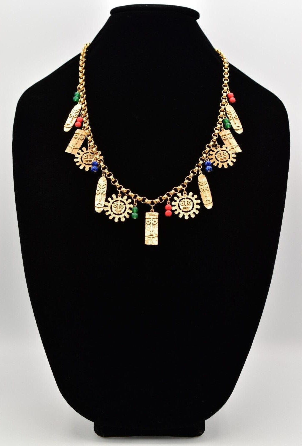 Vintage Tribal Charm Necklace Sun Tiki Mask Beaded Gold Heavy Chunky NOS BinA5