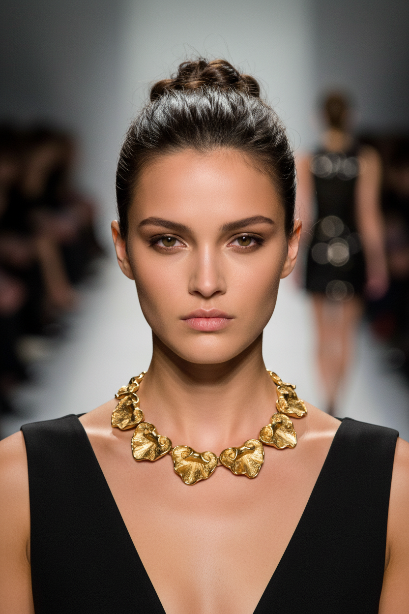 A chunky gold-colored YSL Goosens vintage collar necklace displayed on a mannequin.