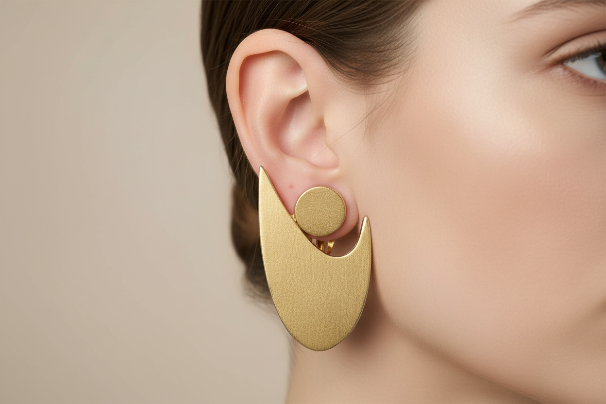 Pair of gold earrings on a gray background