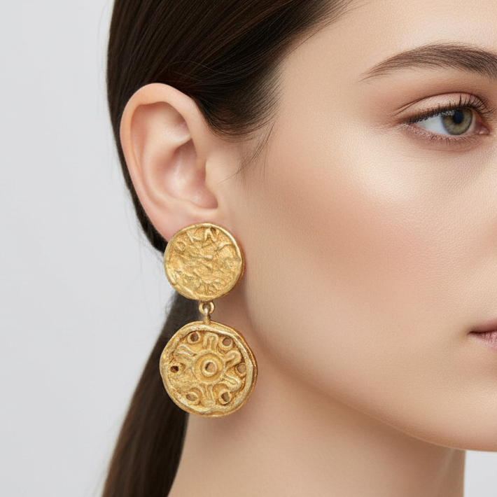 Pair of gold earrings on a black stand with intricate designs.