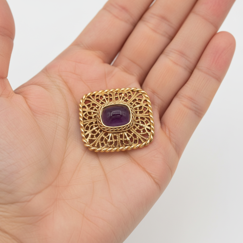 Vintage Givenchy Purple Cabochon Filigree Brooch – Gold Tone Statement