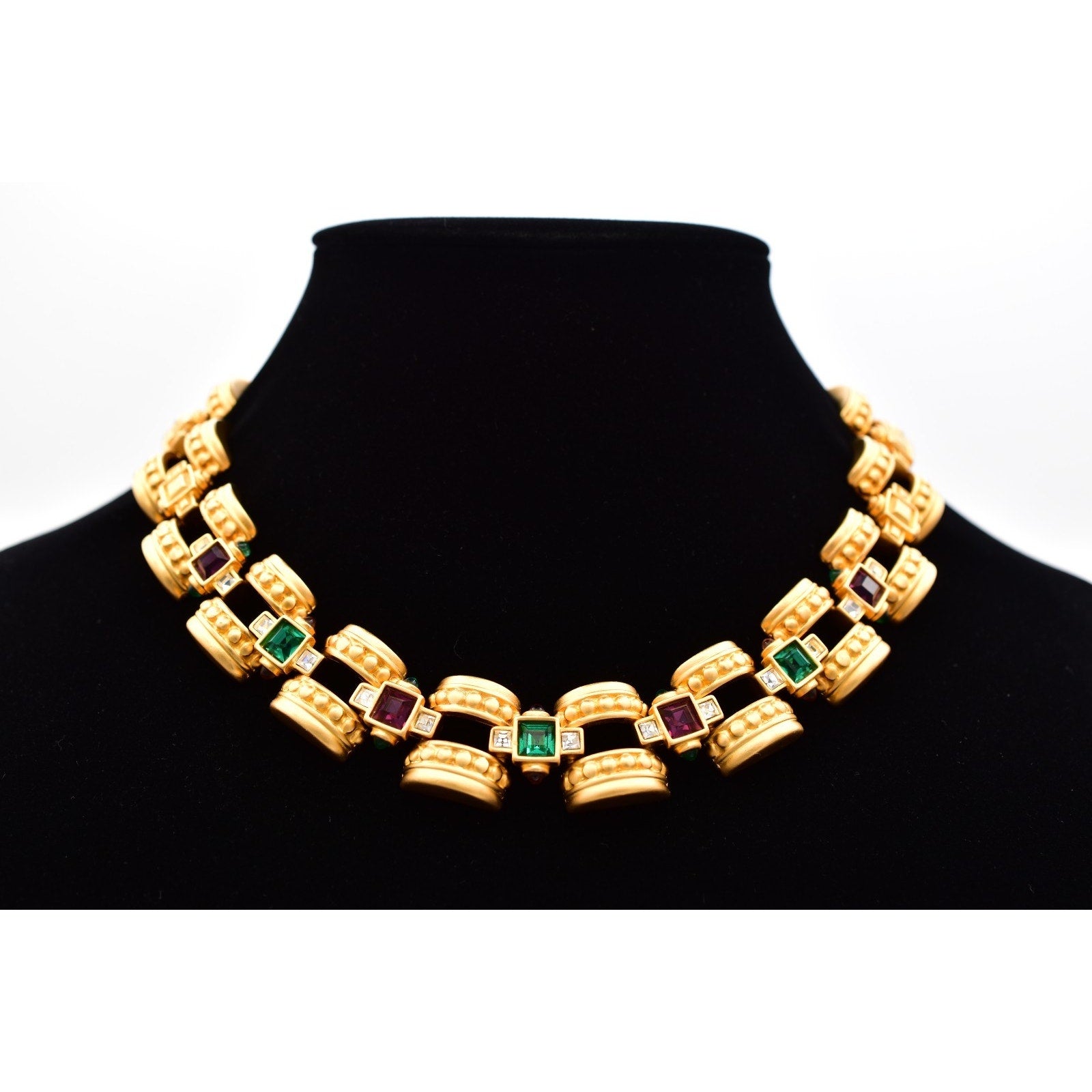 Vintage Givenchy Jeweled Crystal Collar Necklace Brushed Gold