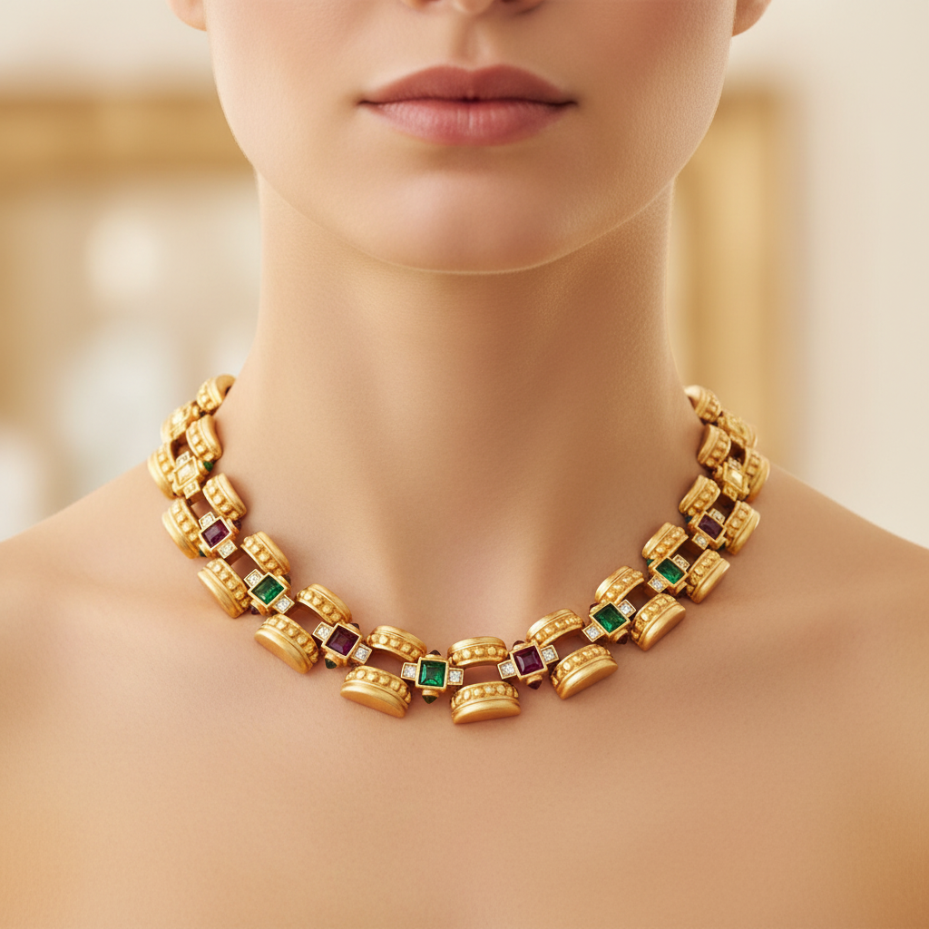 Vintage Givenchy Jeweled Crystal Collar Necklace Brushed Gold
