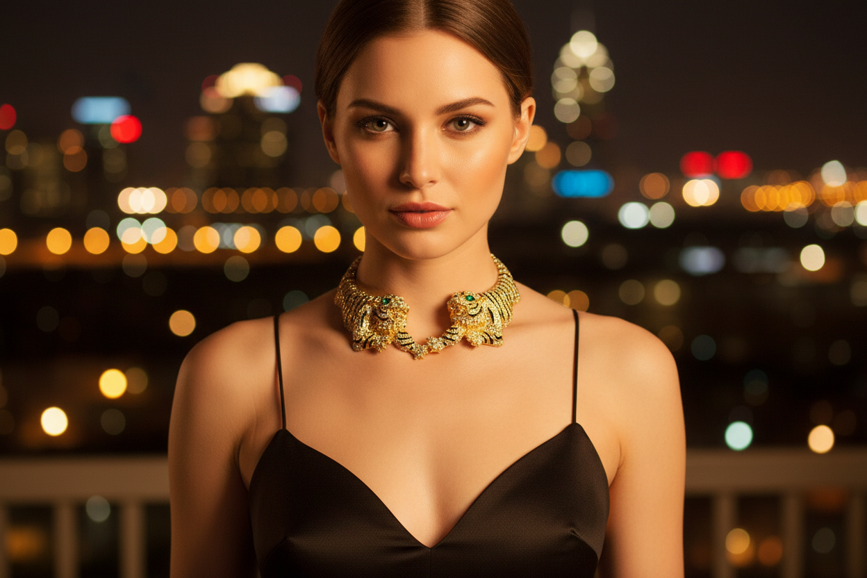 Woman wearing a gold necklace with a cityscape in the background