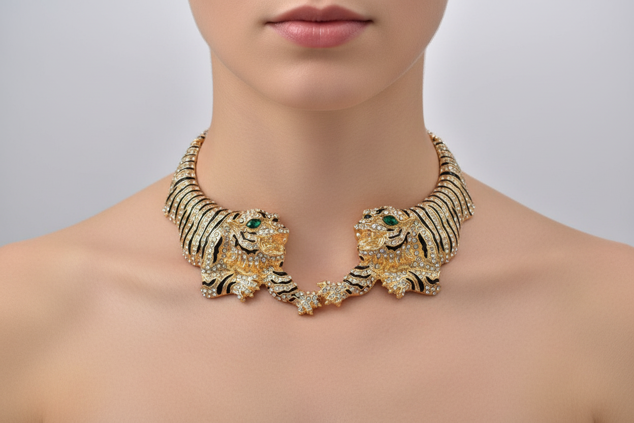 Gold necklace with tiger design worn by a person on a plain background