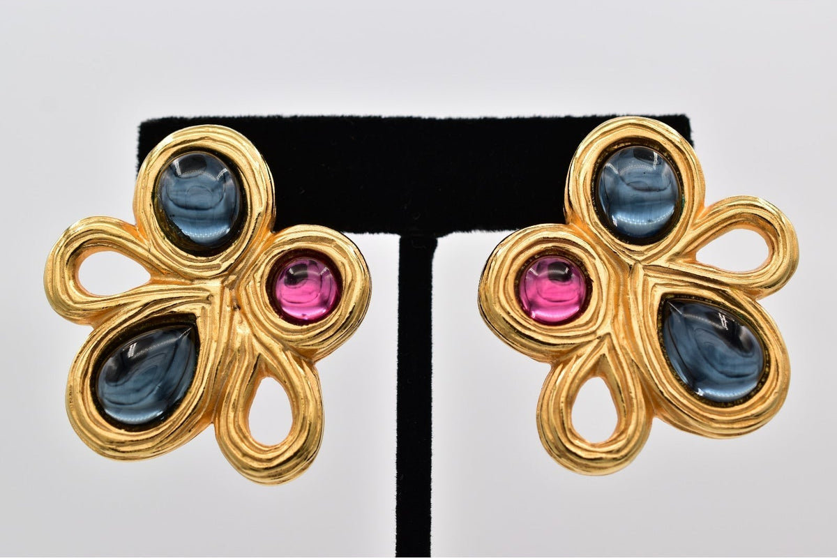 Givenchy Vintage Blue Pink Cabochon Clip On Earrings