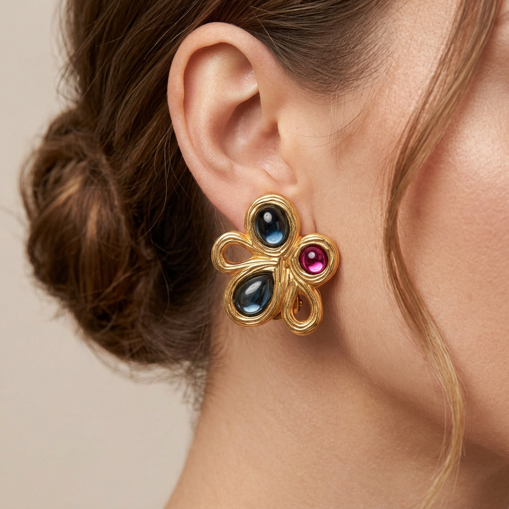 Givenchy Vintage Blue Pink Cabochon Clip On Earrings