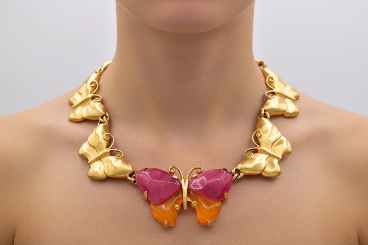 Gold butterfly necklace with pink and orange accents on a mannequin
