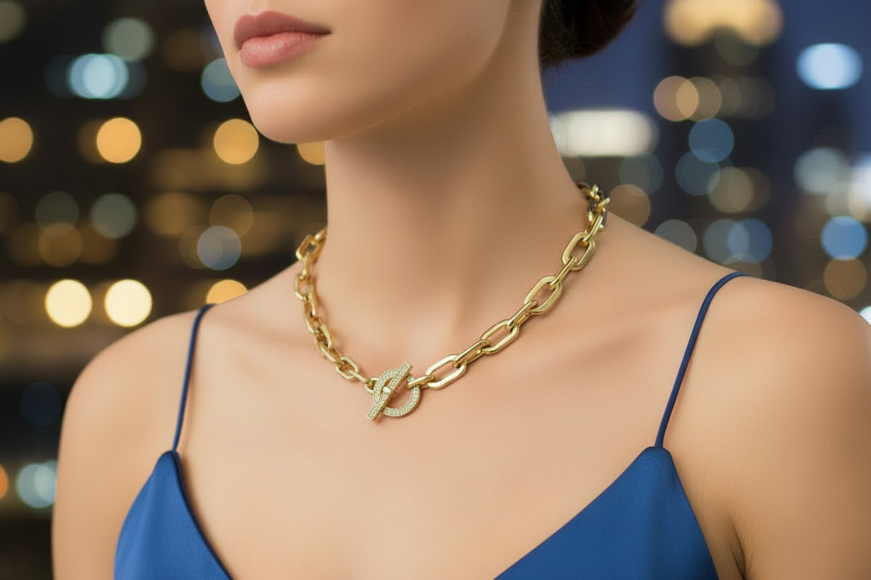 Gold chain necklace on a person against a blurred city lights background
