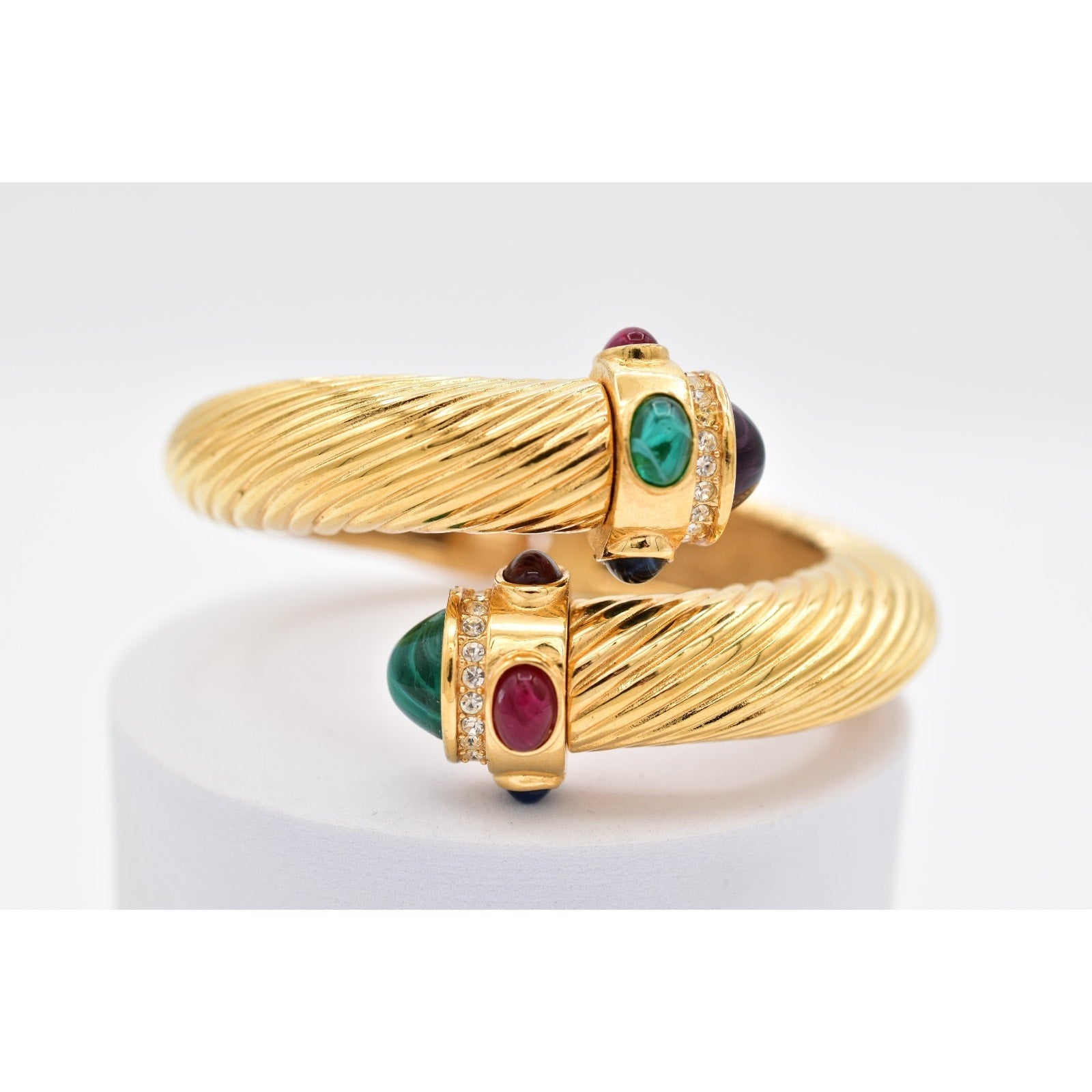 Givenchy Vintage Cabochon Bangle Bracelet Hinged Cable Chunky Brushed Gold