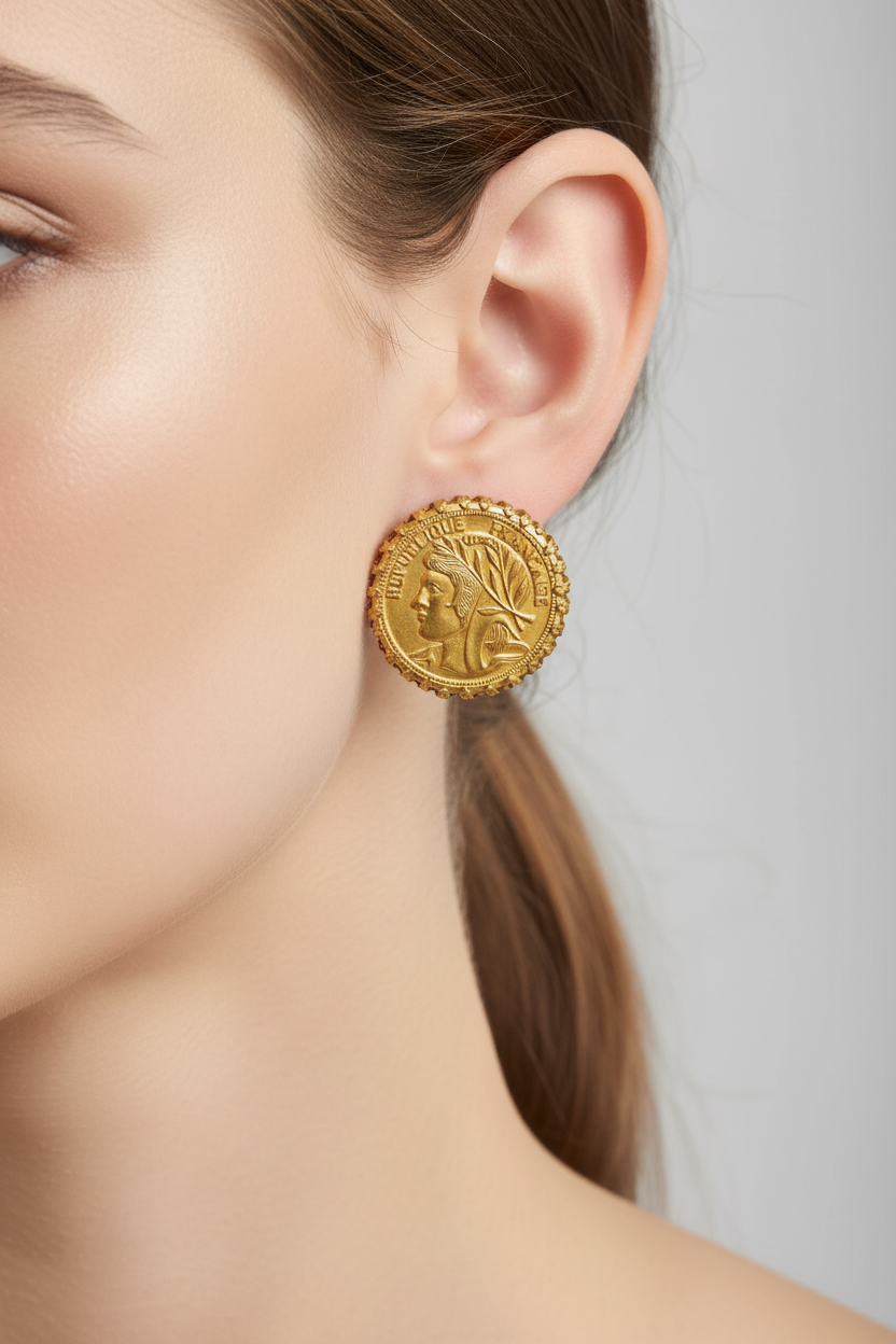 A pair of vintage Miriam Haskell clip-on earrings with an antiqued gold finish featuring coin designs.