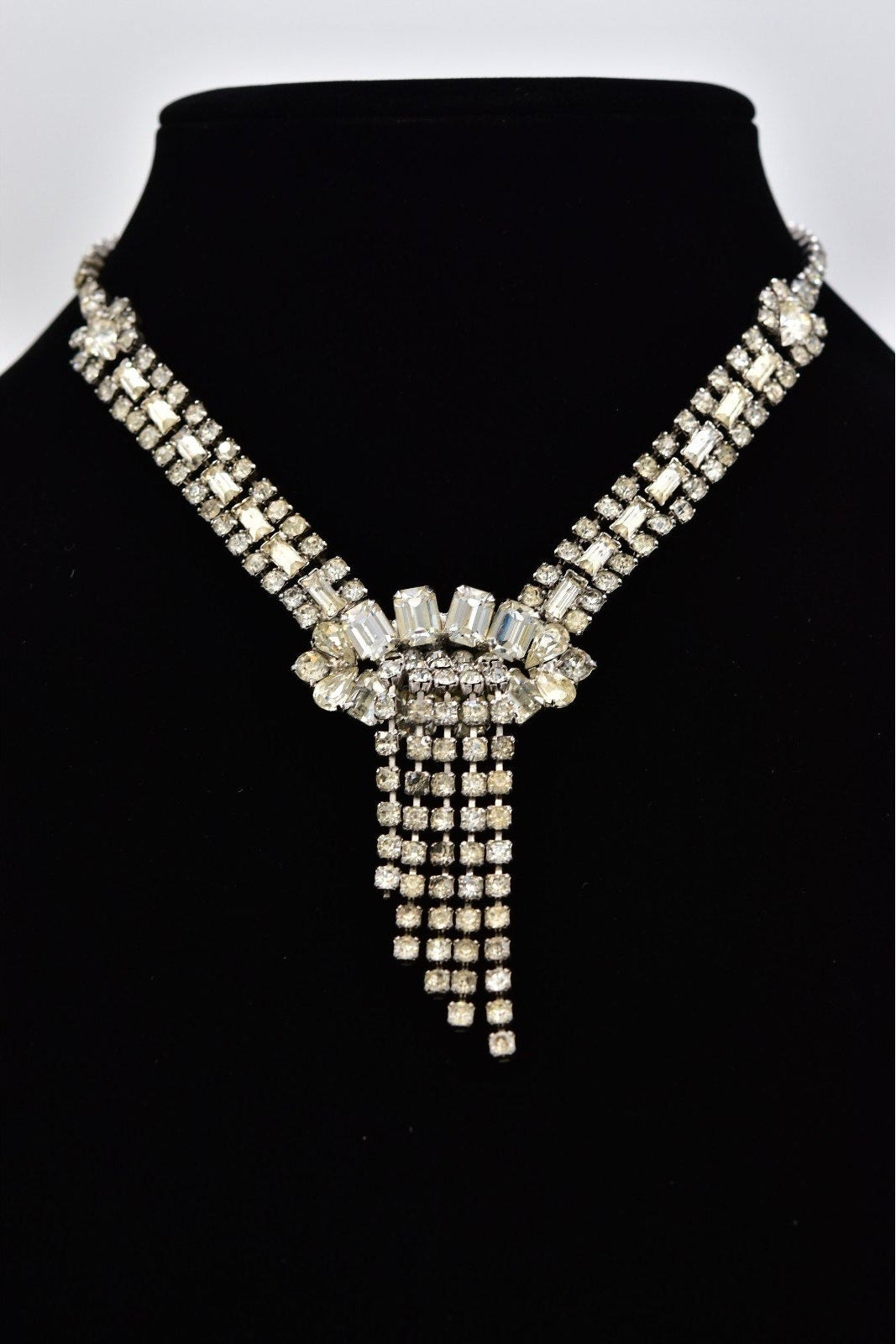 Vintage Rhinestone Crystal Waterfall Fringe Bridal Collar Necklace