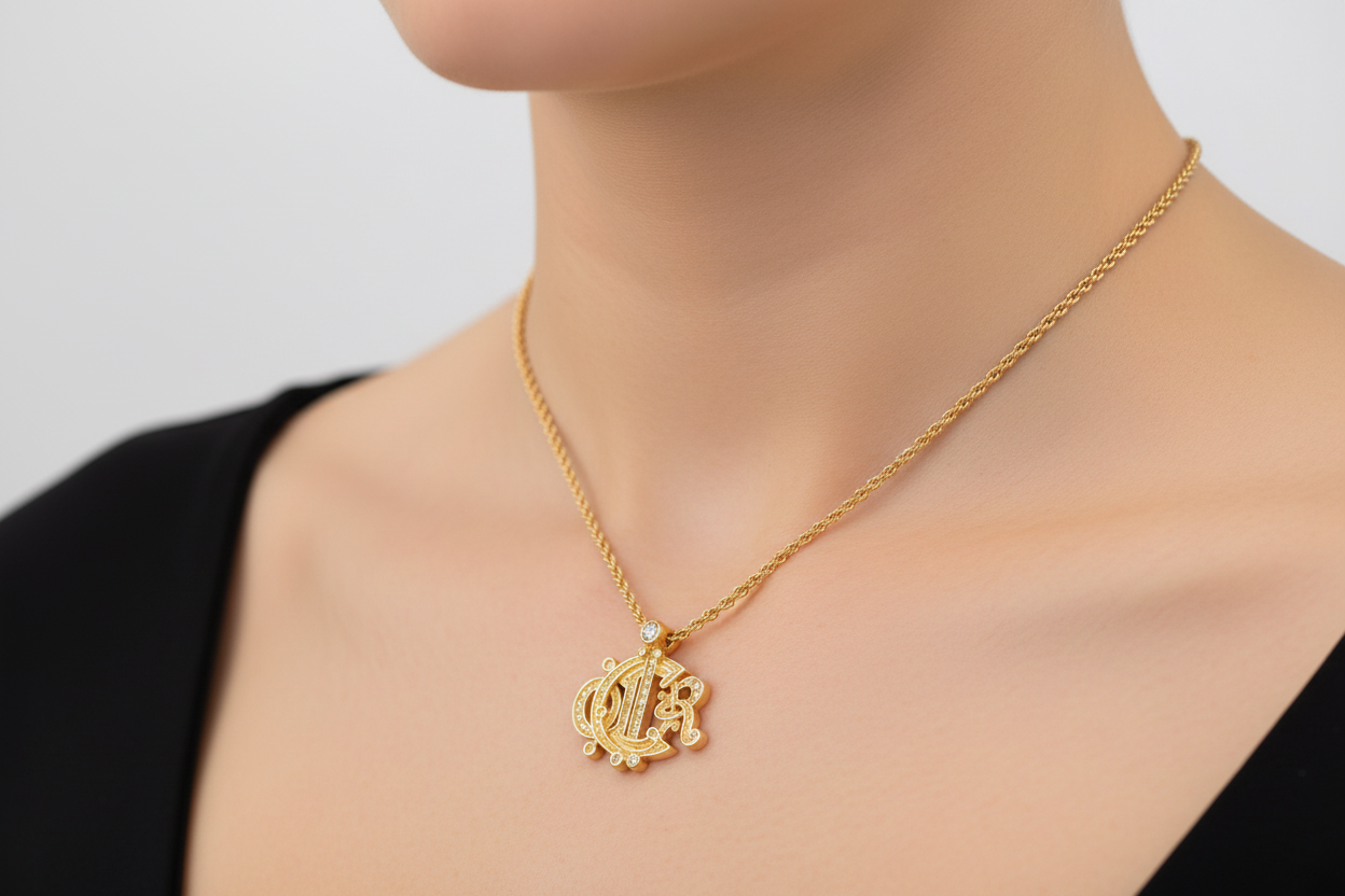 Vintage gold tone Christian Dior monogram pendant necklace with a decorative rhinestones on a model