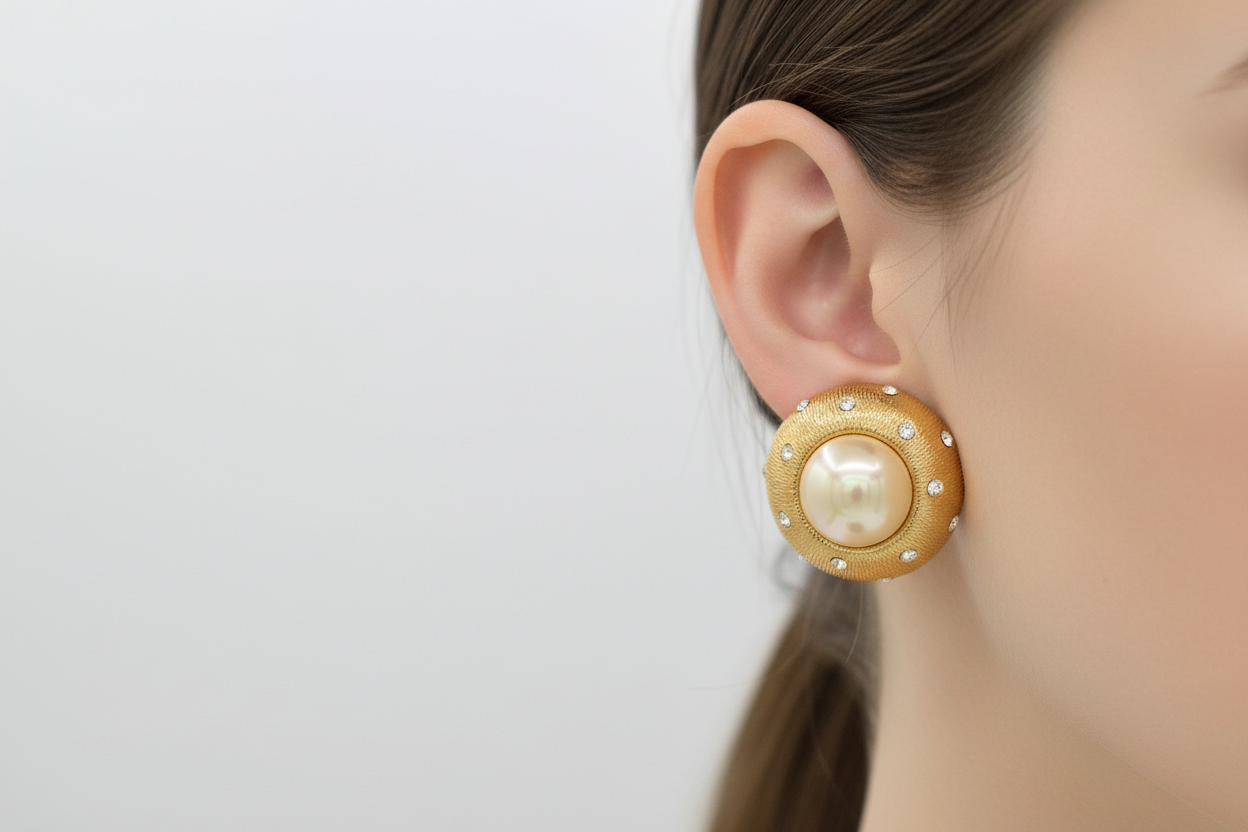 Pair of gold earrings with pearl-like centers on a white background