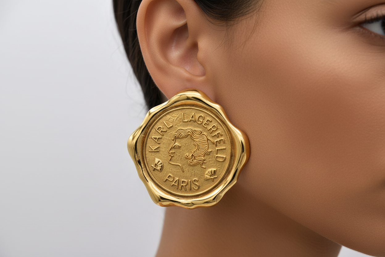 Gold Karl Lagerfeld Paris earrings on a gray background