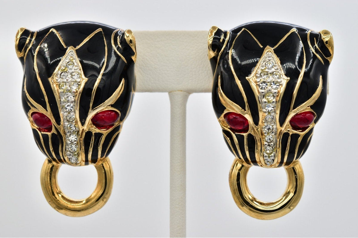 Vintage Cabochon Panther Head Clip On Earrings 1980s NOS