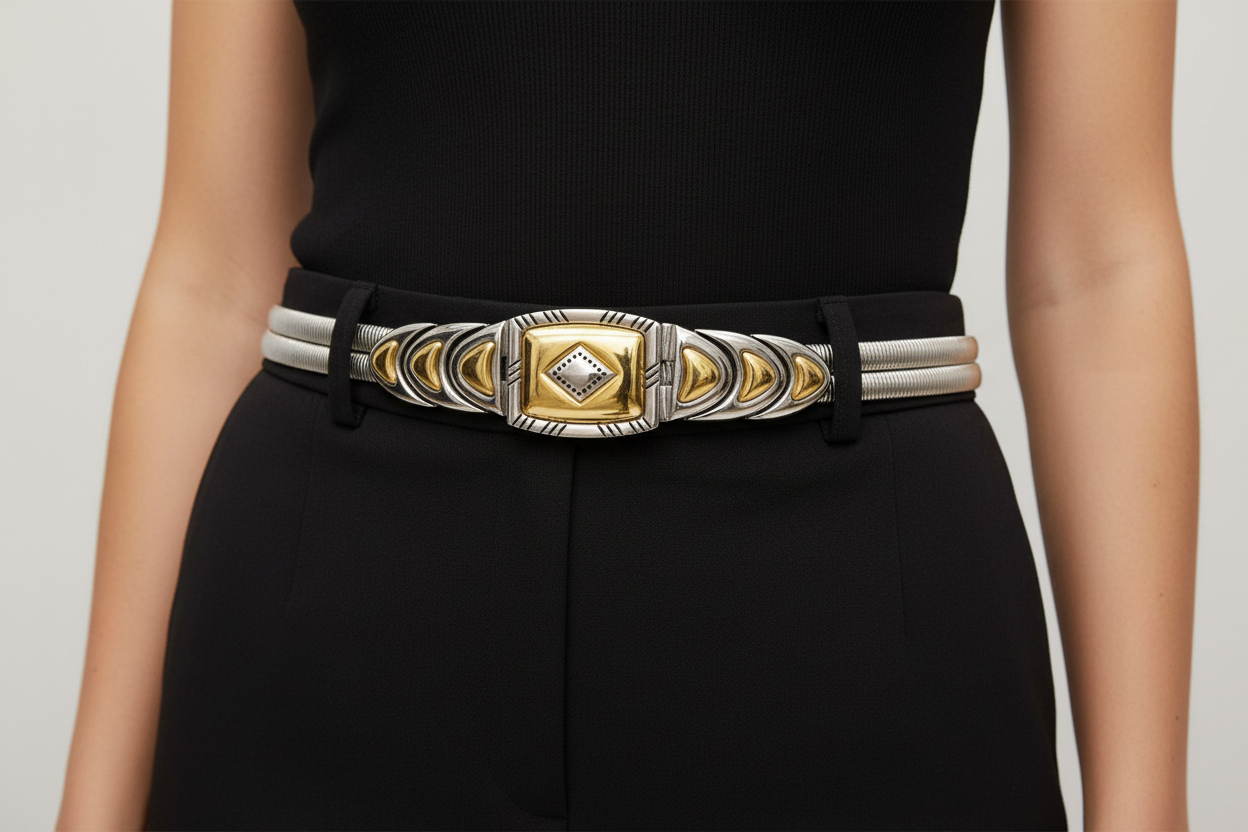 Gold belt with decorative buckle on a black dress against a white background