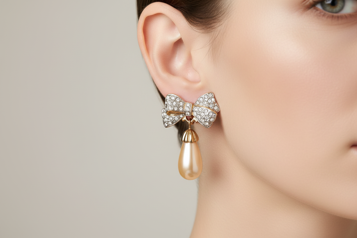 Bow-shaped earrings with pearl drops on a black and white stand.