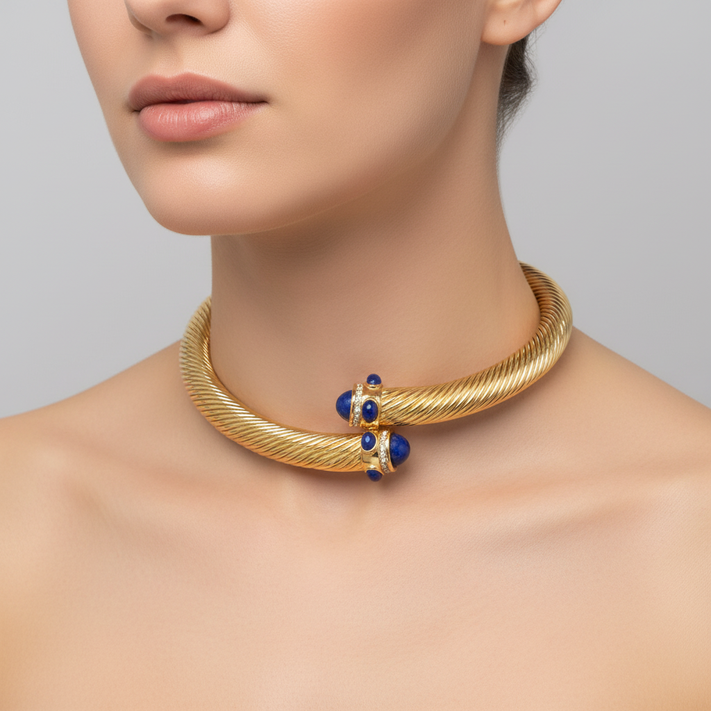 Givenchy Vintage Blue Cabochon Collar Necklace Rhinestone Torque Gold Tone