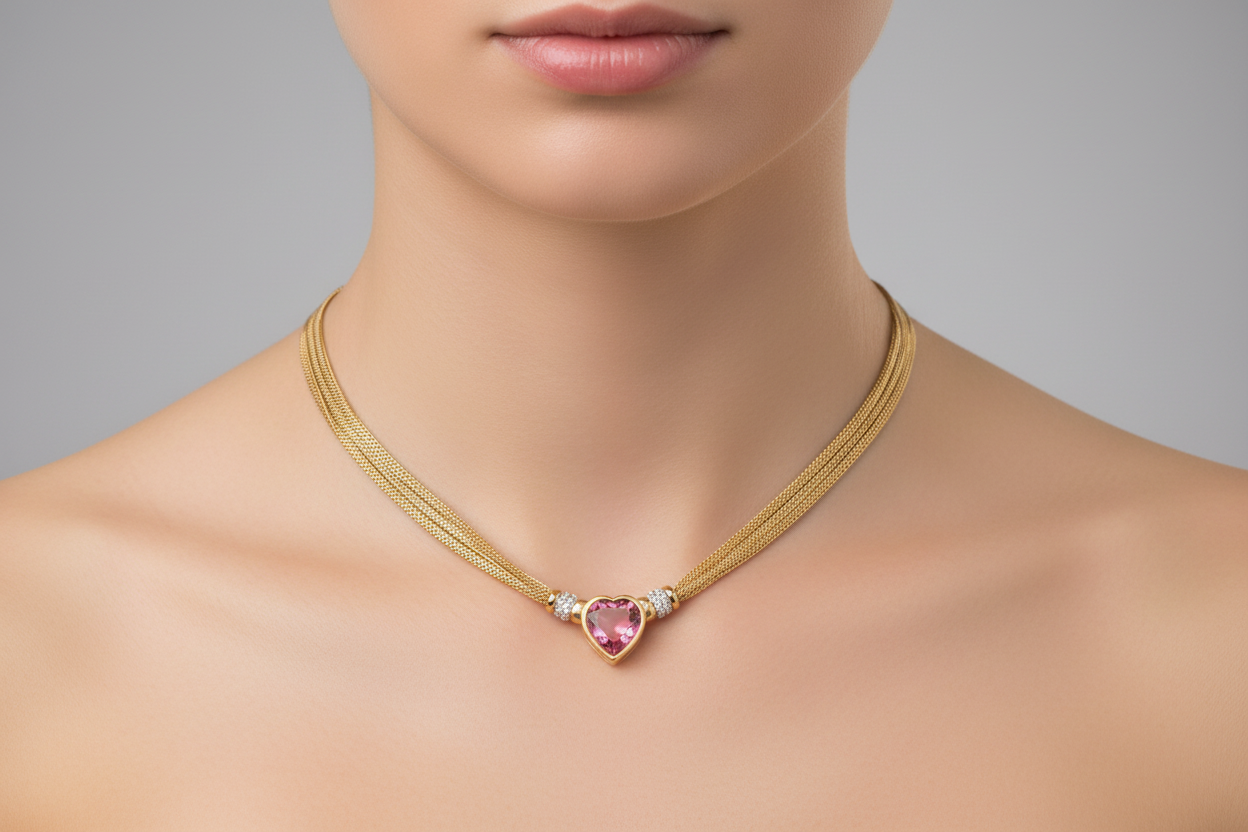 Gold necklace with a heart-shaped pink gemstone pendant on a neutral background
