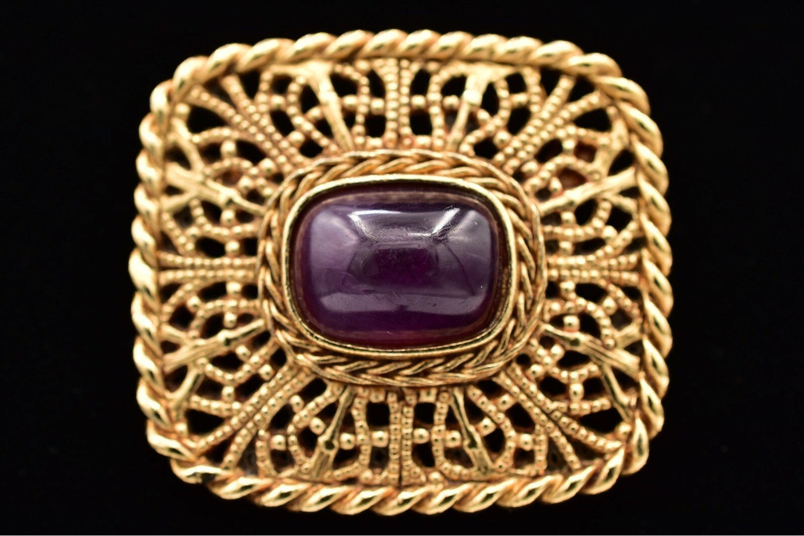 Vintage Givenchy Purple Cabochon Filigree Brooch – Gold Tone Statement