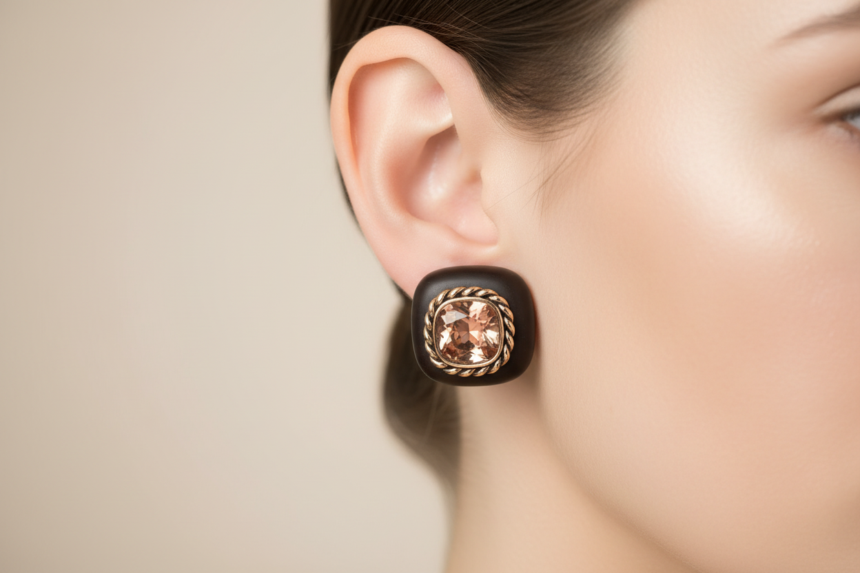 Close-up of a woman's ear wearing a gold earring with a beige background