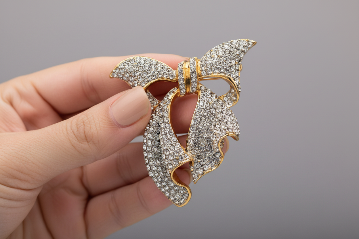 Gold and diamond butterfly brooch on a black background