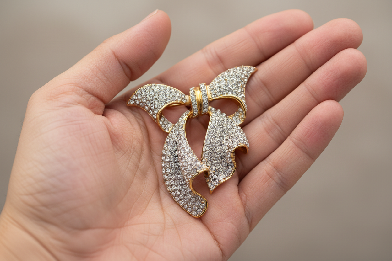 Gold and diamond butterfly brooch on a black background