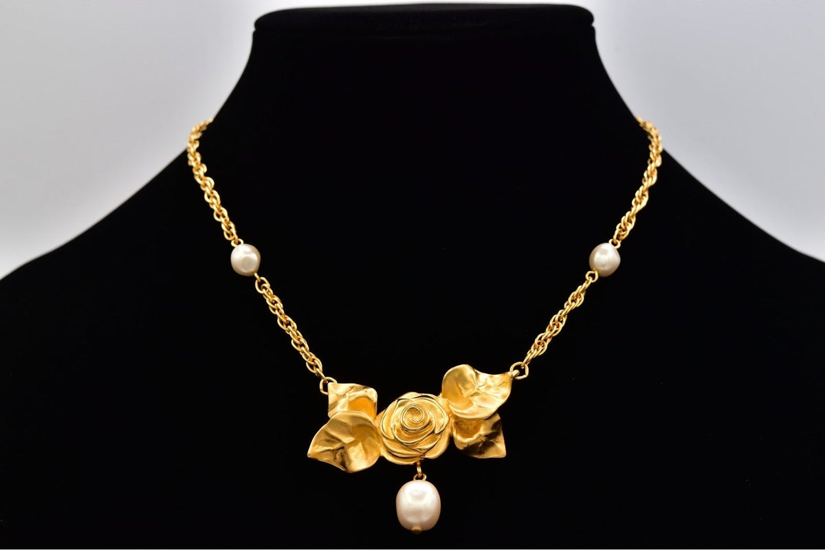Givenchy Vintage Brushed Gold Rose Floral Pearl Necklace