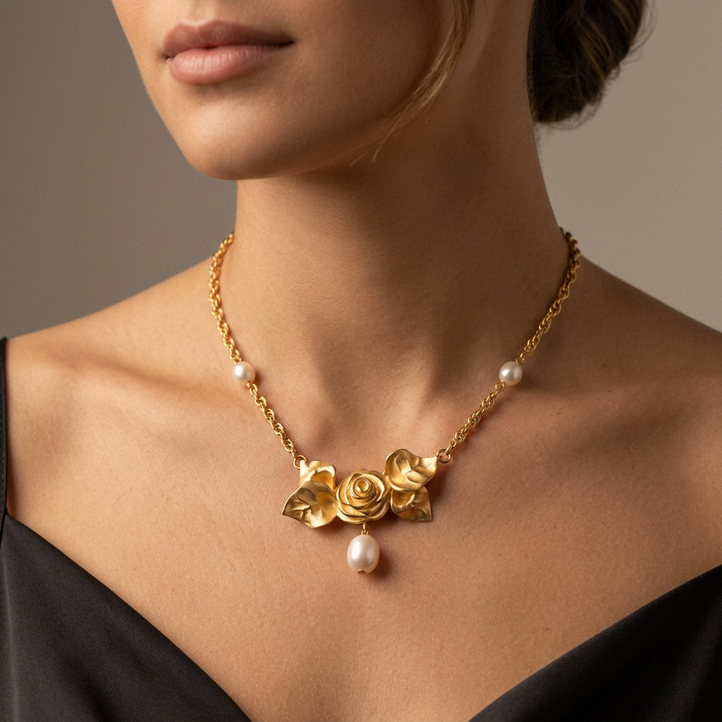 Givenchy Vintage Brushed Gold Rose Floral Pearl Necklace