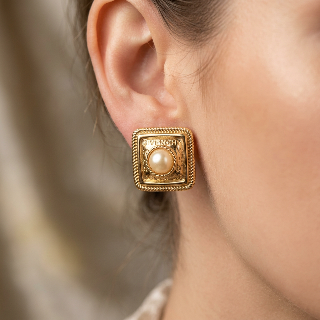 Givenchy Vintage Square Logo Pearl Clip On Earrings
