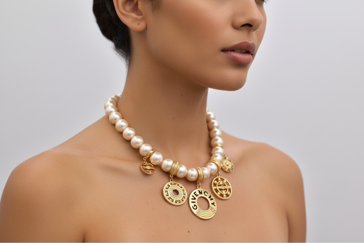 Pearl necklace with gold pendants on a black mannequin against a white background