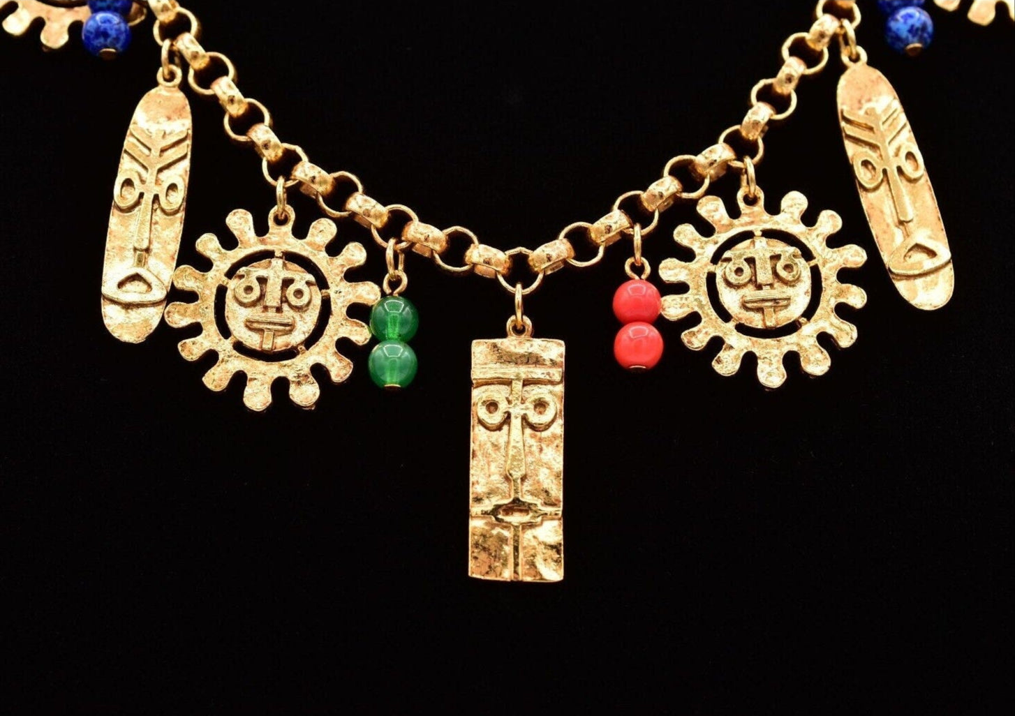 Vintage Tribal Charm Necklace Sun Tiki Mask Beaded Gold Heavy Chunky NOS BinA5