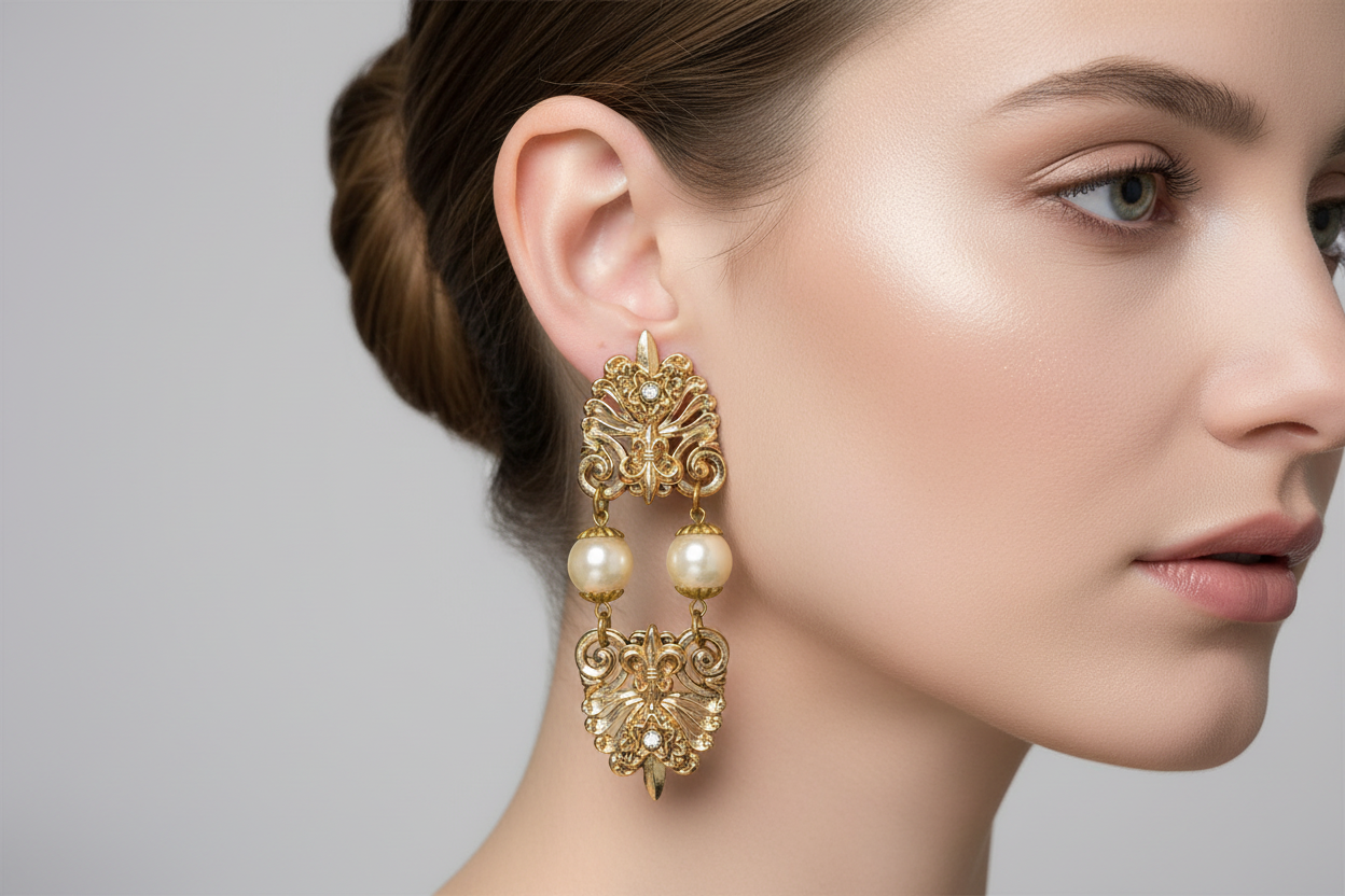 Gold and pearl earrings on a white background